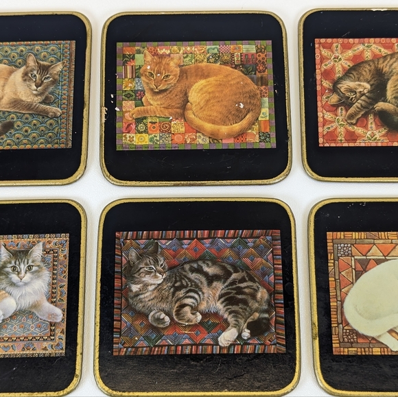 Set of 6 Cats By Lesley Anne Ivory 1989 Vintage Clover Leaf Coasters - Picture 3 of 6